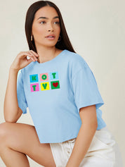 Kotty Blue Typography Printed Drop-Shoulder Sleeves Cotton Oversized Crop T-shirt