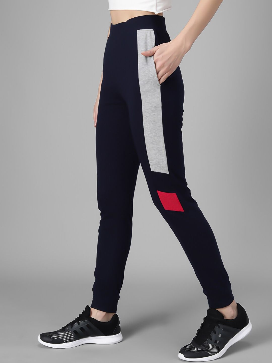 Kotty Women Navy Blue Solid Joggers with Side Stripes