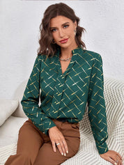 Kotty Green Geometric Printed Satin Shirt Style Top