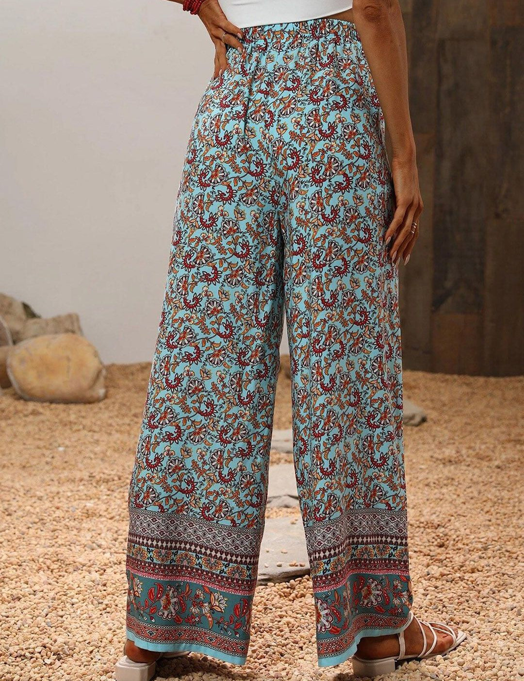Kotty Women Blue Ethnic Motifs Printed Relaxed Straight Fit High-Rise Easy Wash Trousers