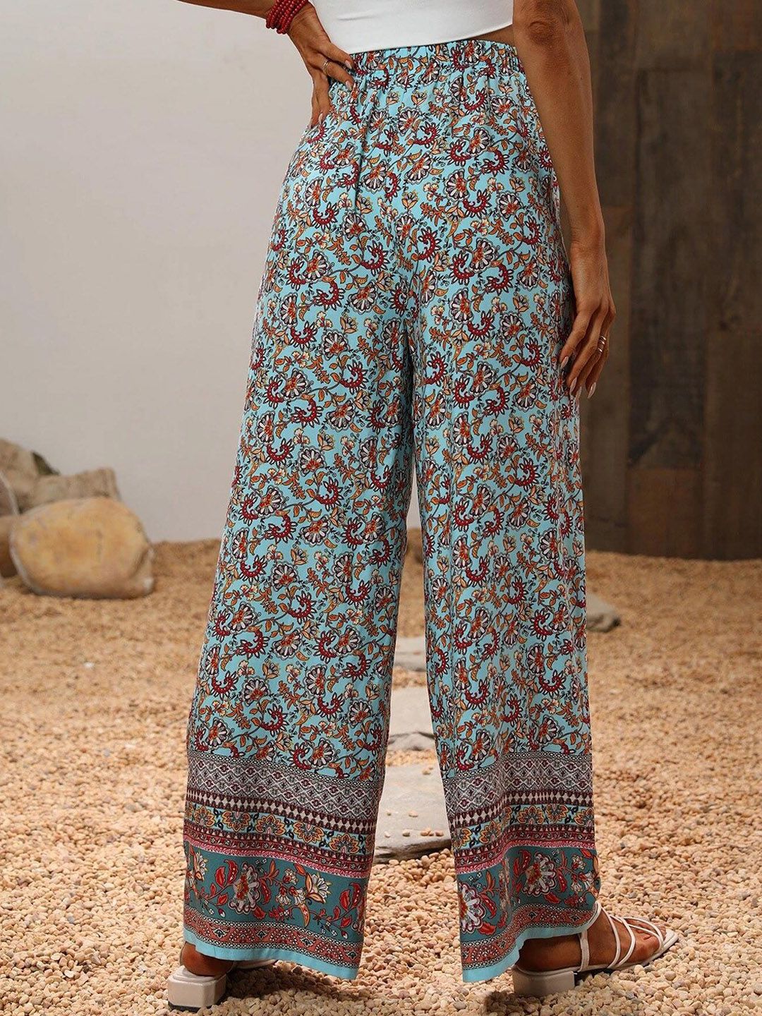 Kotty Women Blue Ethnic Motifs Printed Relaxed Straight Fit High-Rise Easy Wash Trousers