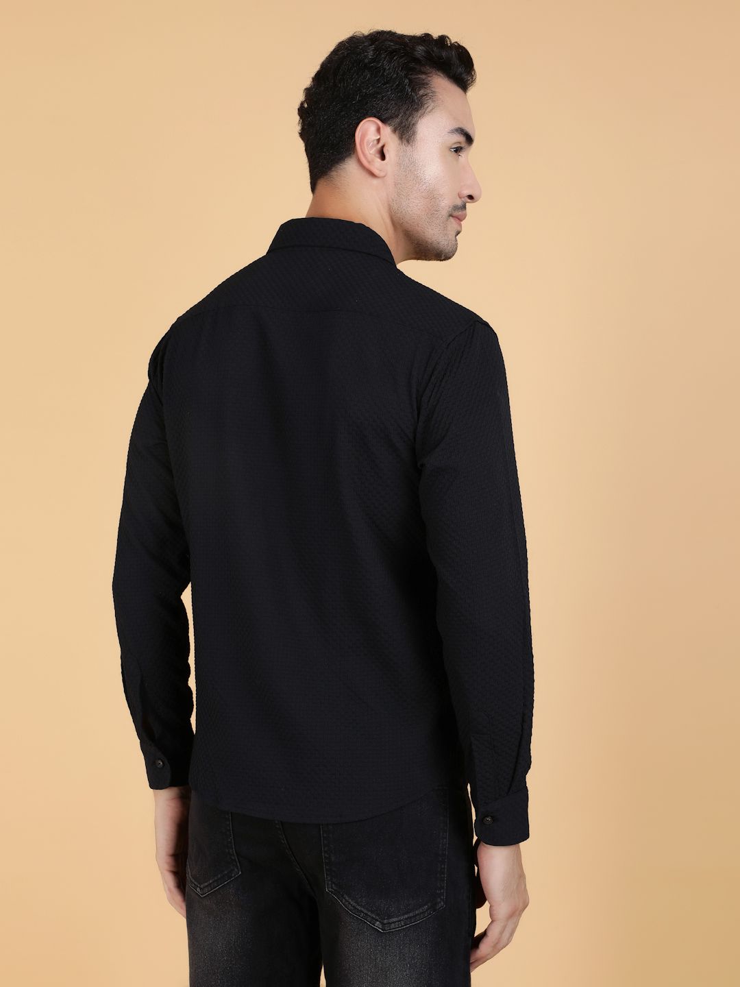 Kotty Men Relaxed Fit Spread Collar Textured Cotton Casual Shirt