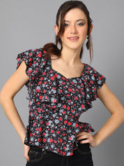 Kotty Black Floral Printed Sweetheart Neck Flutter Sleeve Peplum Top