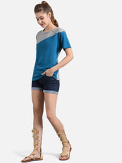 Kotty Women Blue & Grey Colourblocked Round Neck T-shirt