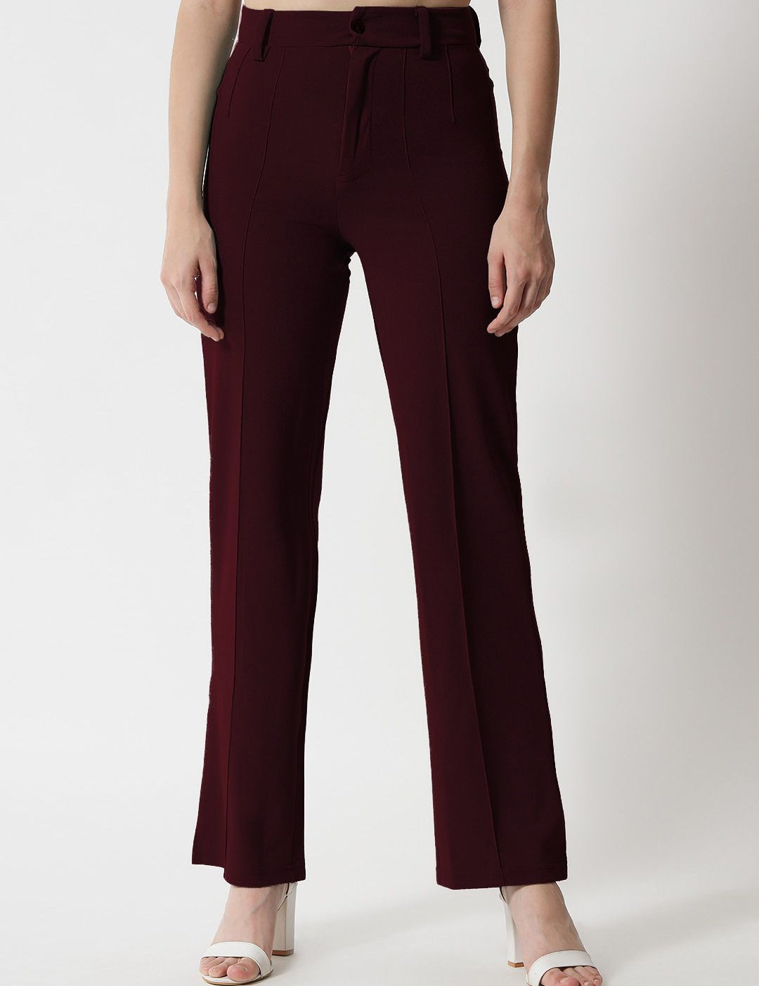 Kotty Women Maroon Relaxed Straight Leg Straight Fit High-Rise Easy Wash Trousers