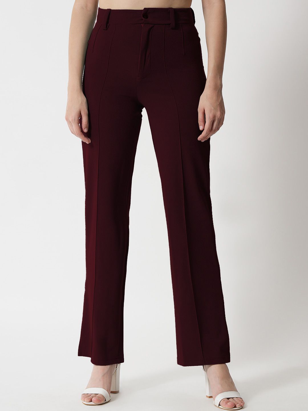 Kotty Women Maroon Relaxed Straight Leg Straight Fit High-Rise Easy Wash Trousers