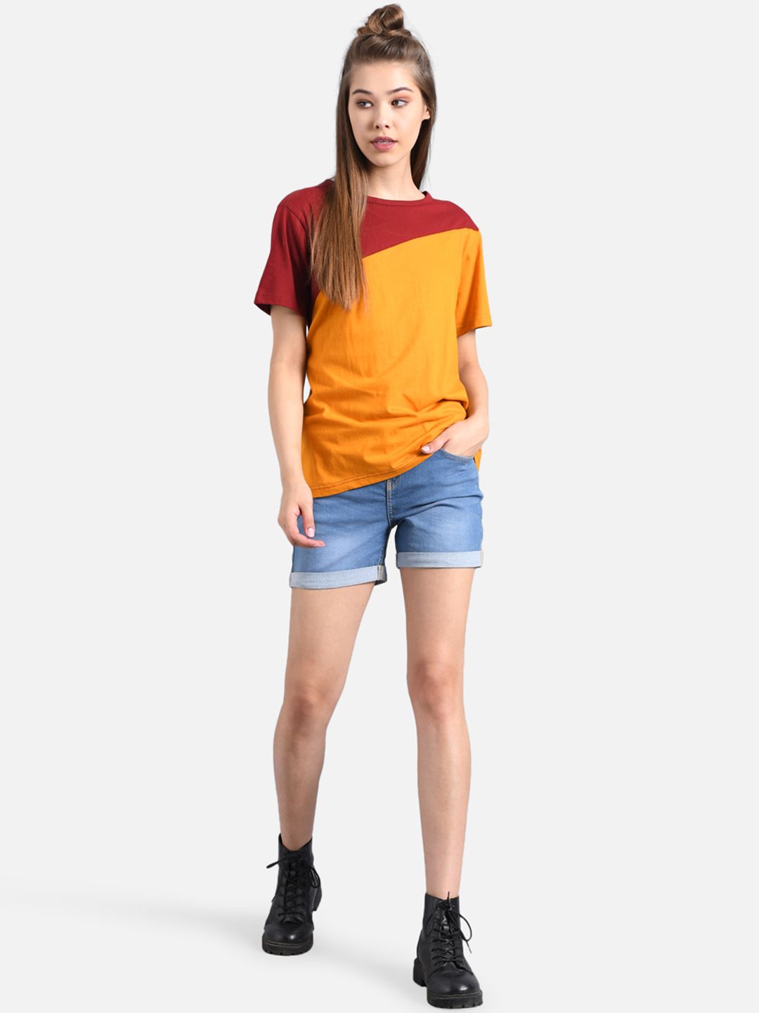 Kotty Women Yellow & Red Colourblocked Round Neck T-shirt