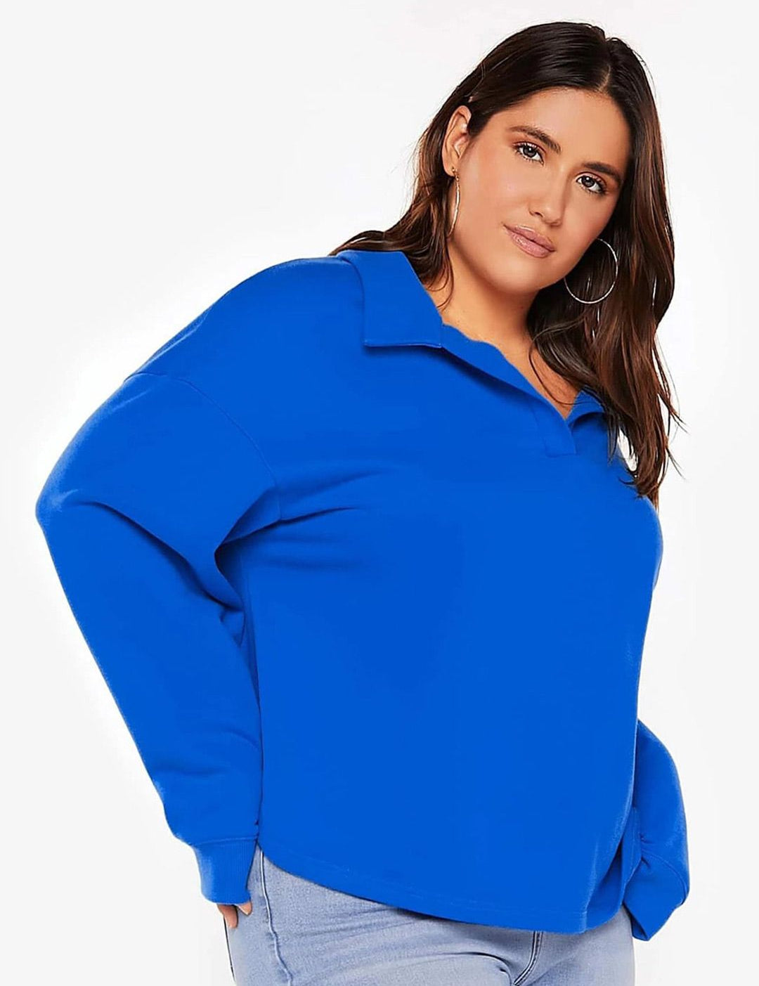 Kotty Plus Size Shirt Collar Drop Shoulder Fleece Sweatshirt