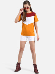 Kotty Women Mustard Yellow & White Colourblocked Boat Neck T-shirt