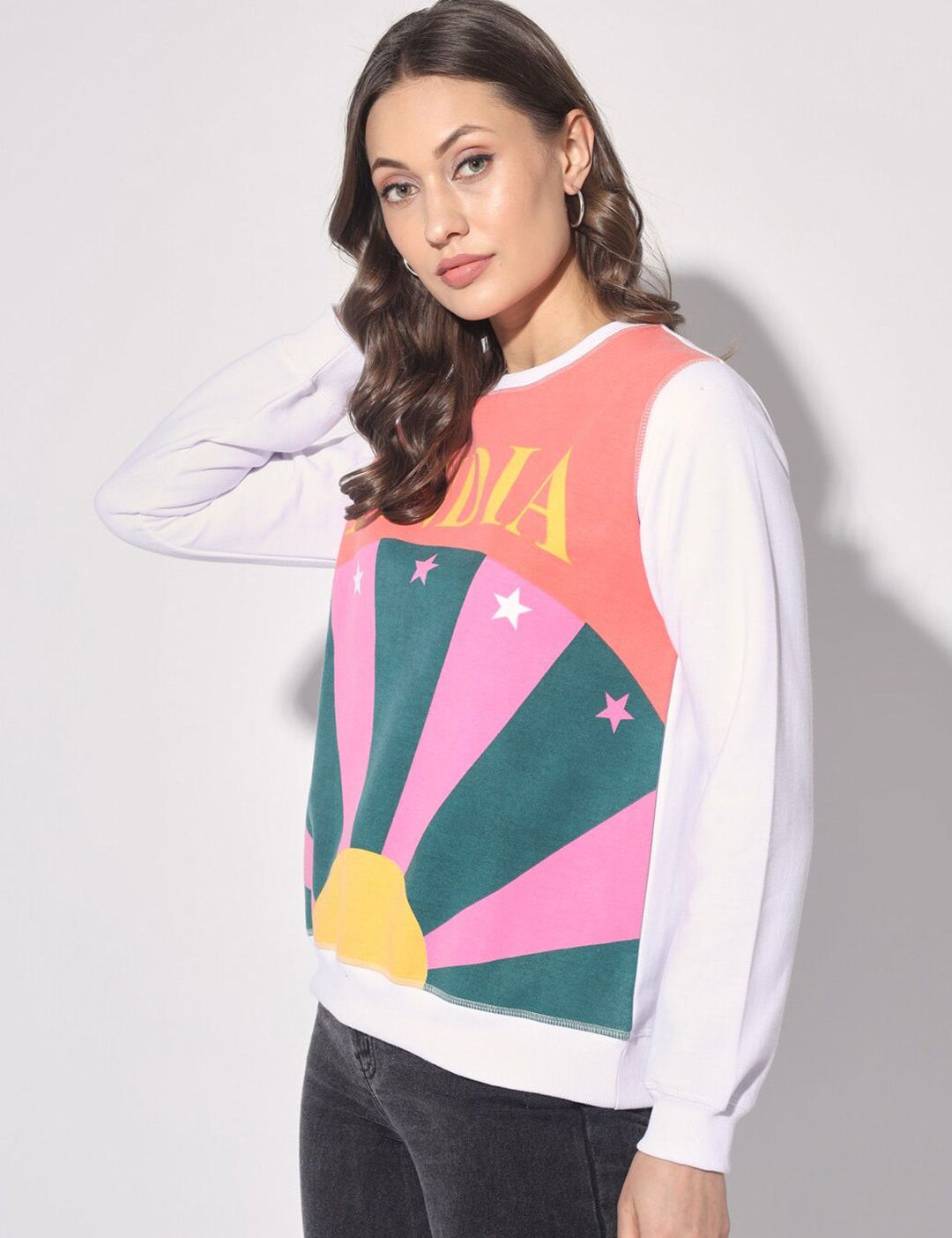 Kotty White & Orange Colourblocked Fleece Pullover Sweatshirt