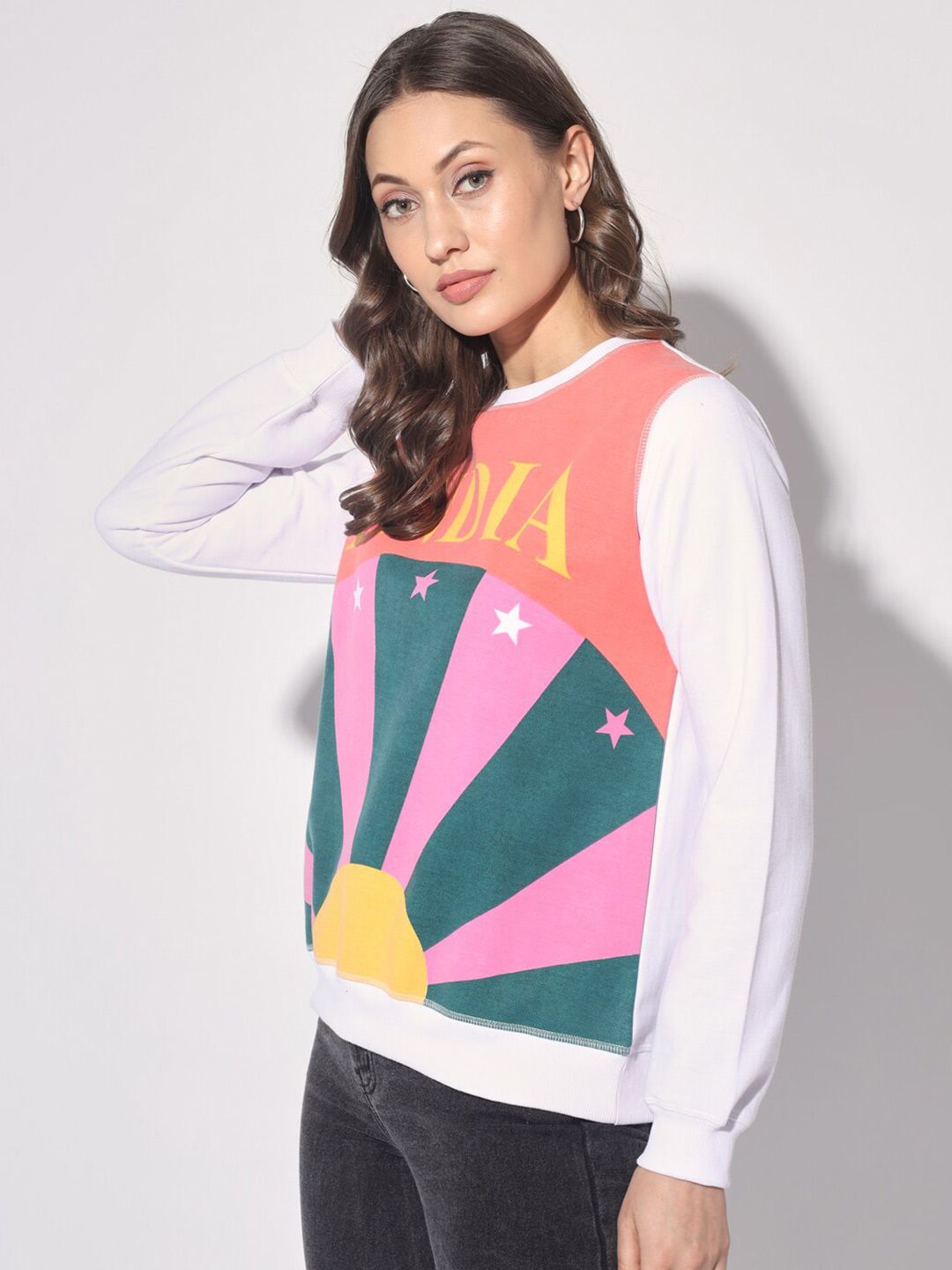 Kotty White & Orange Colourblocked Fleece Pullover Sweatshirt