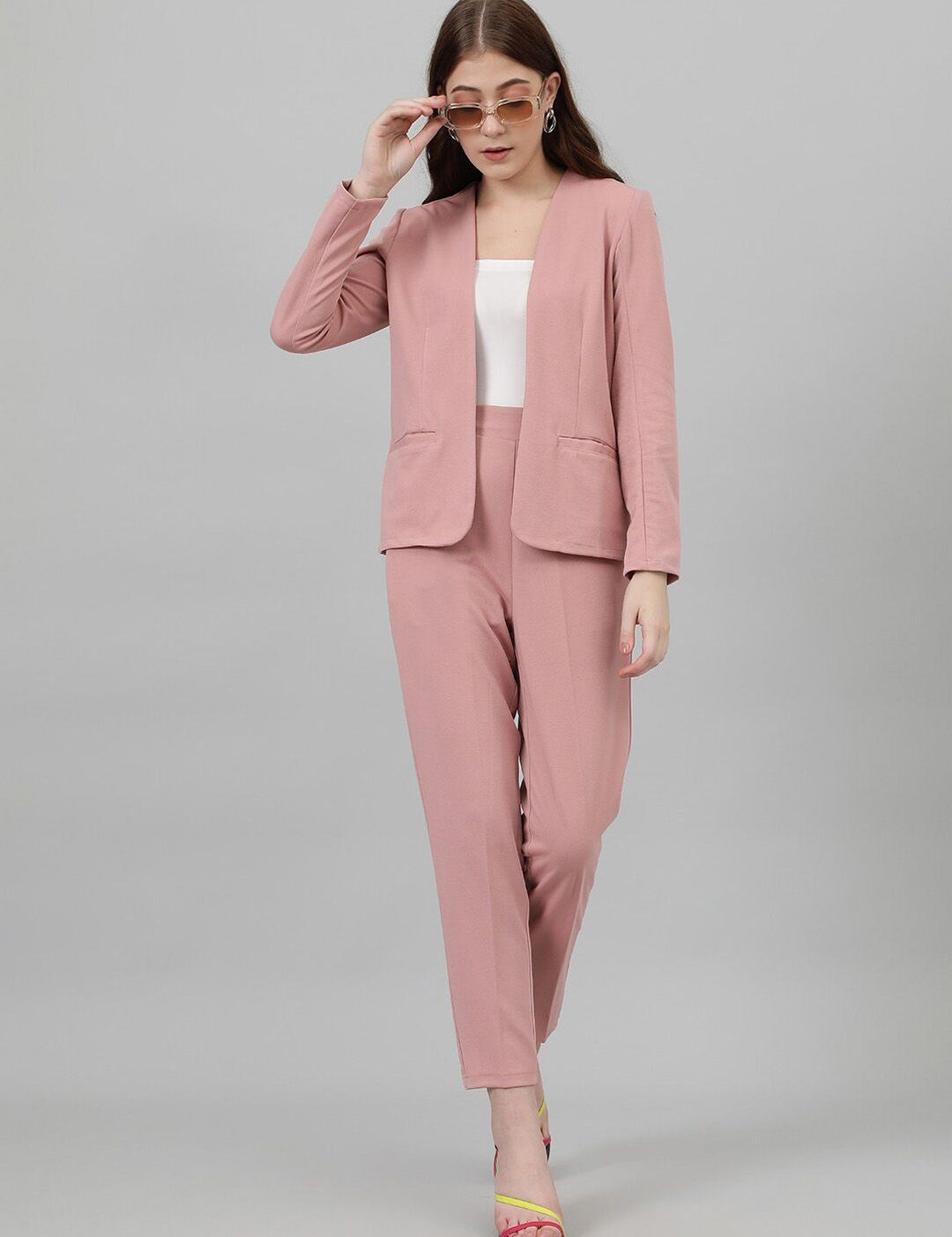 Kotty Pink Collarless Long Sleeves Blazer With Trousers