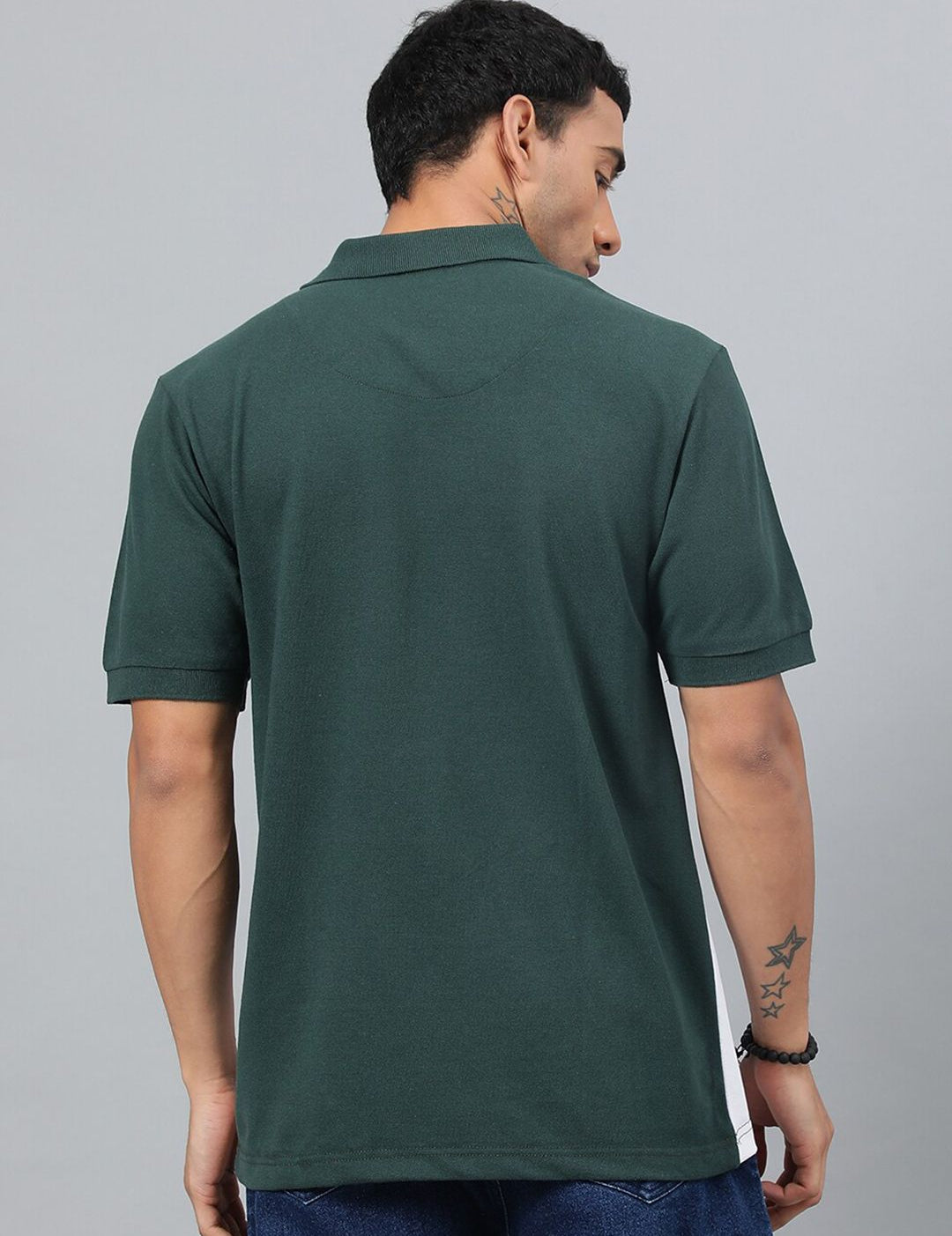 Kotty Green & White Colourblocked Polo Collar Cotton T-shirt
