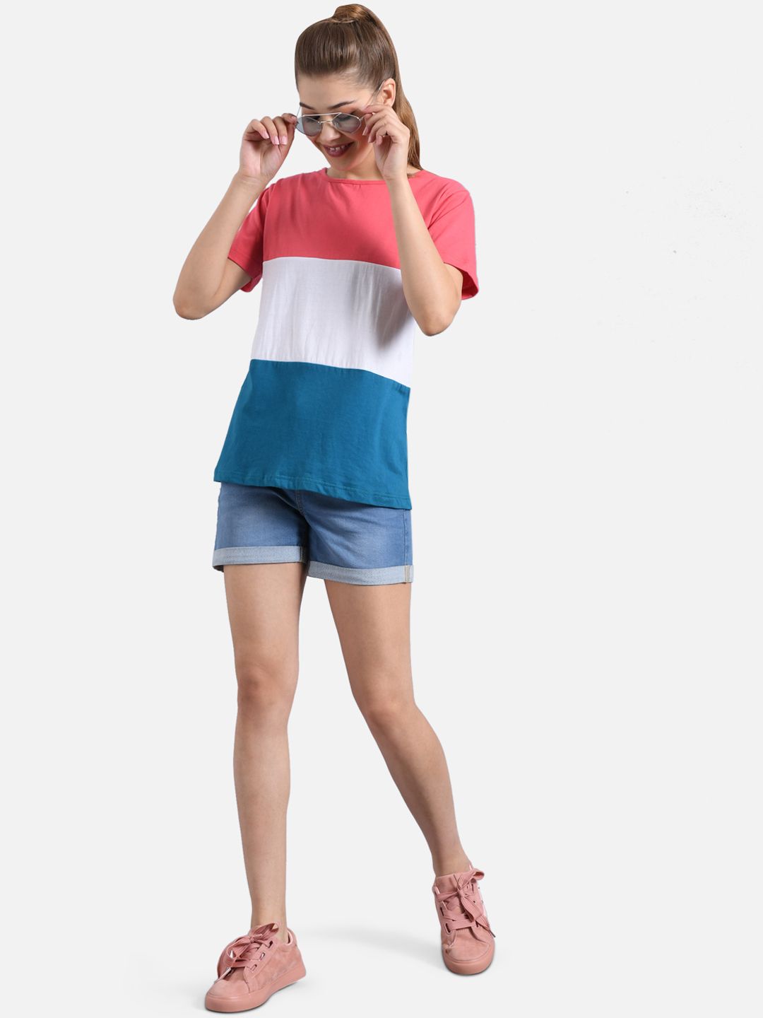 Kotty Women Pink & White Colourblocked Round Neck T-shirt