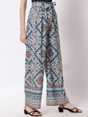 Kotty Women Blue and White Ethnic Motifs Printed Relaxed High-Rise Easy Wash Trousers