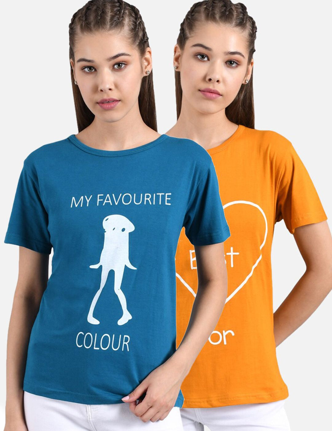 Kotty Women Mustard Yellow & Blue Set of 2 Printed Round Neck T-shirts