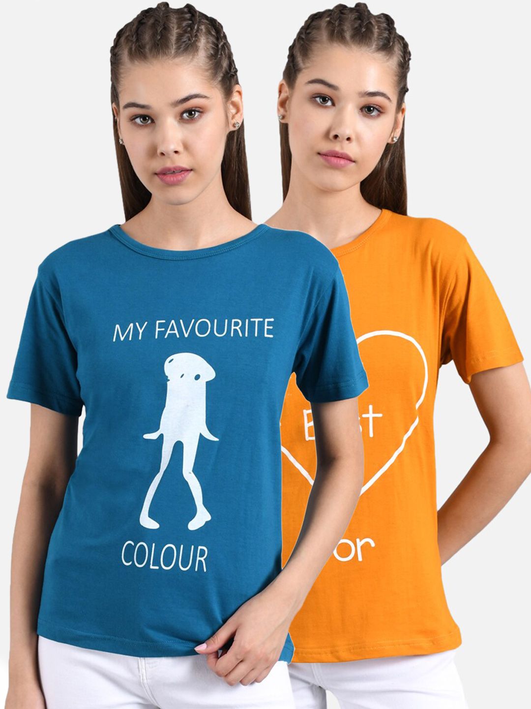 Kotty Women Mustard Yellow & Blue Set of 2 Printed Round Neck T-shirts