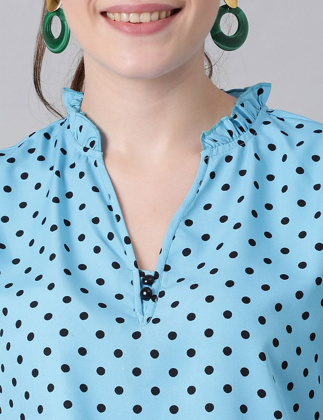 Kotty Blue Polka Dot Print Mandarin Collar Puff Sleeve Crepe Top