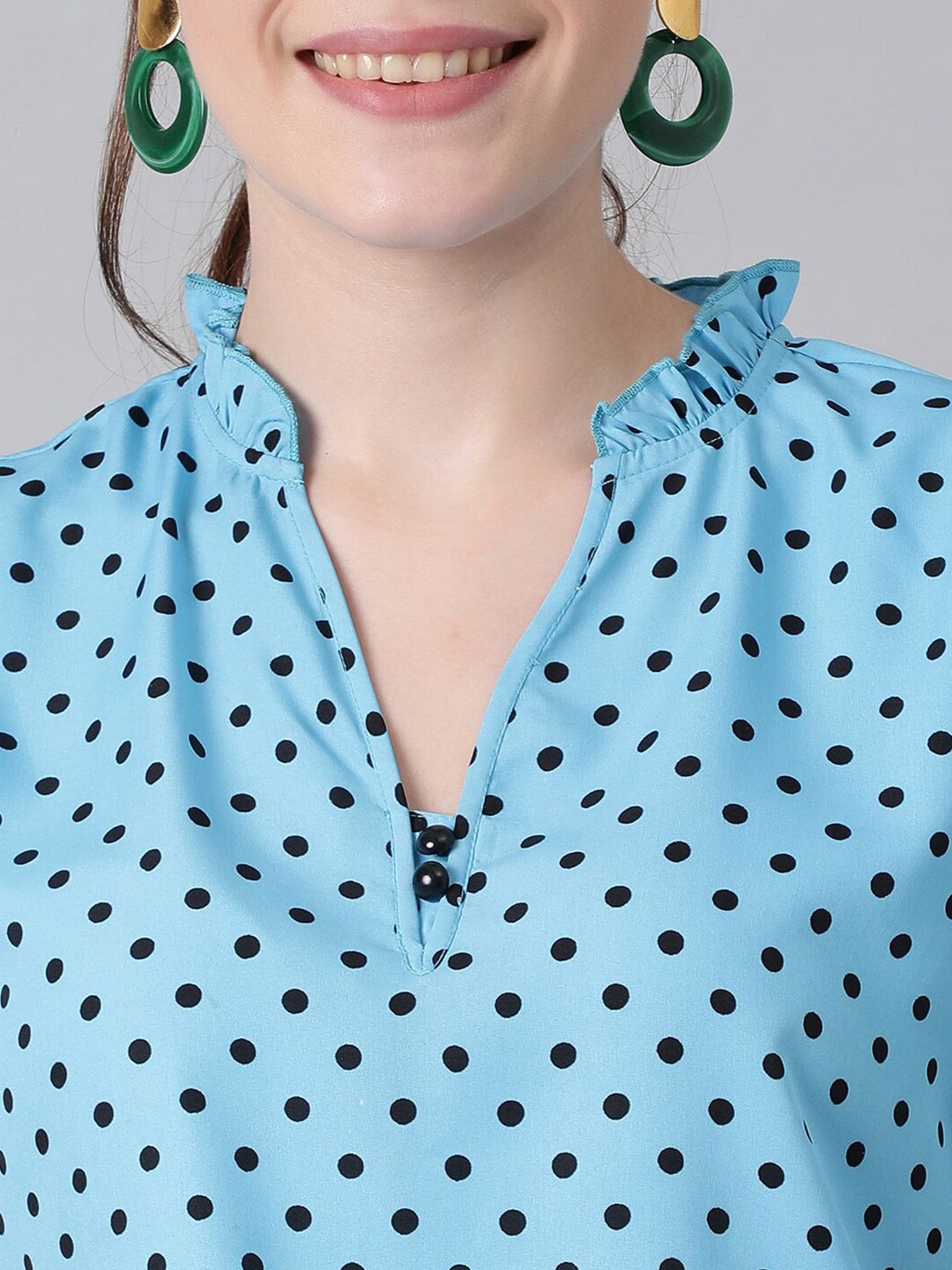 Kotty Blue Polka Dot Print Mandarin Collar Puff Sleeve Crepe Top