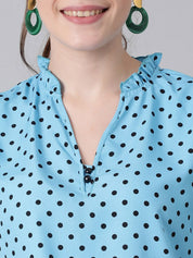 Kotty Blue Polka Dot Print Mandarin Collar Puff Sleeve Crepe Top