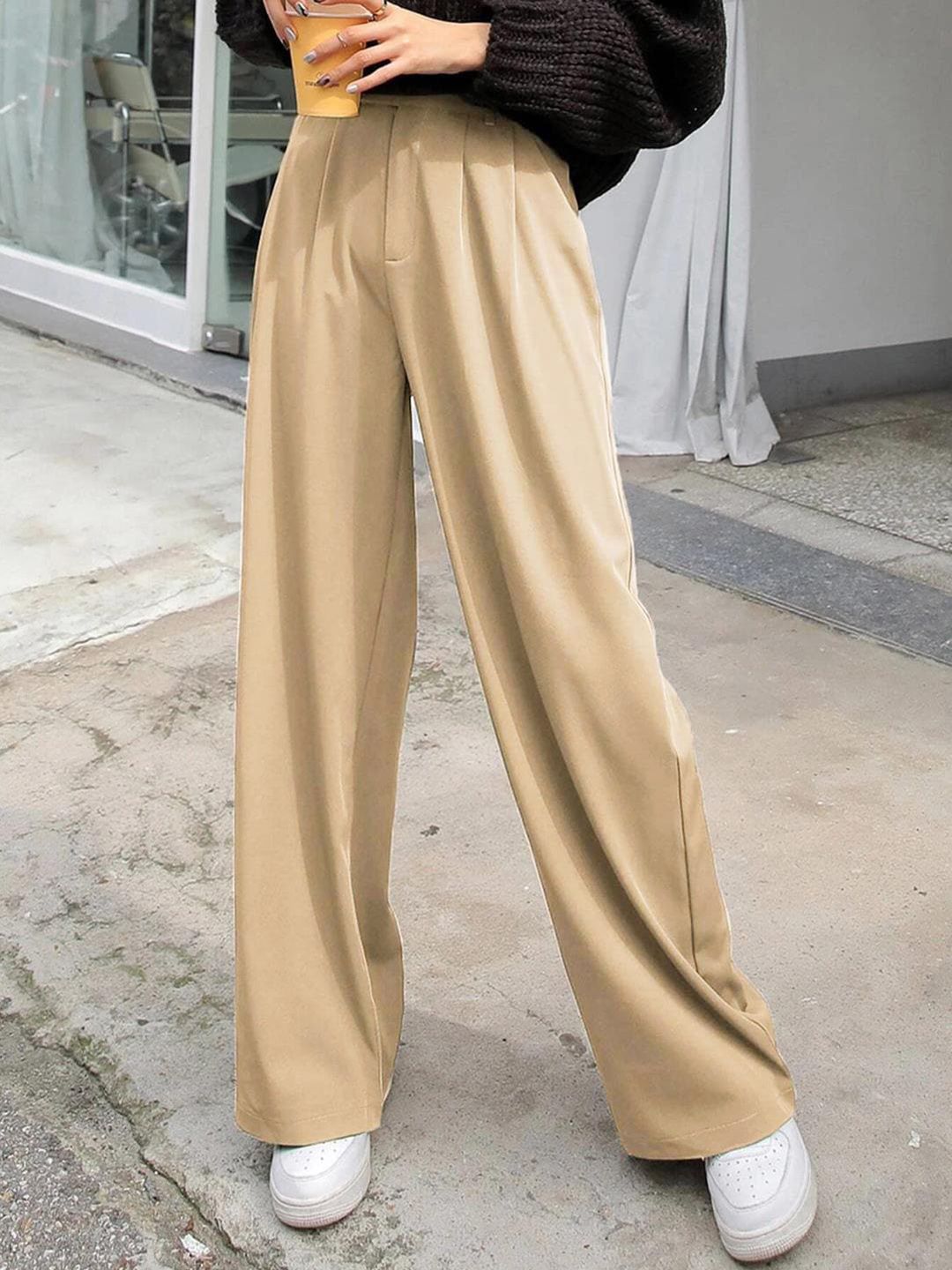 KOTTY Basics Women Straight Fit High-Rise Pleated Parallel Trousers