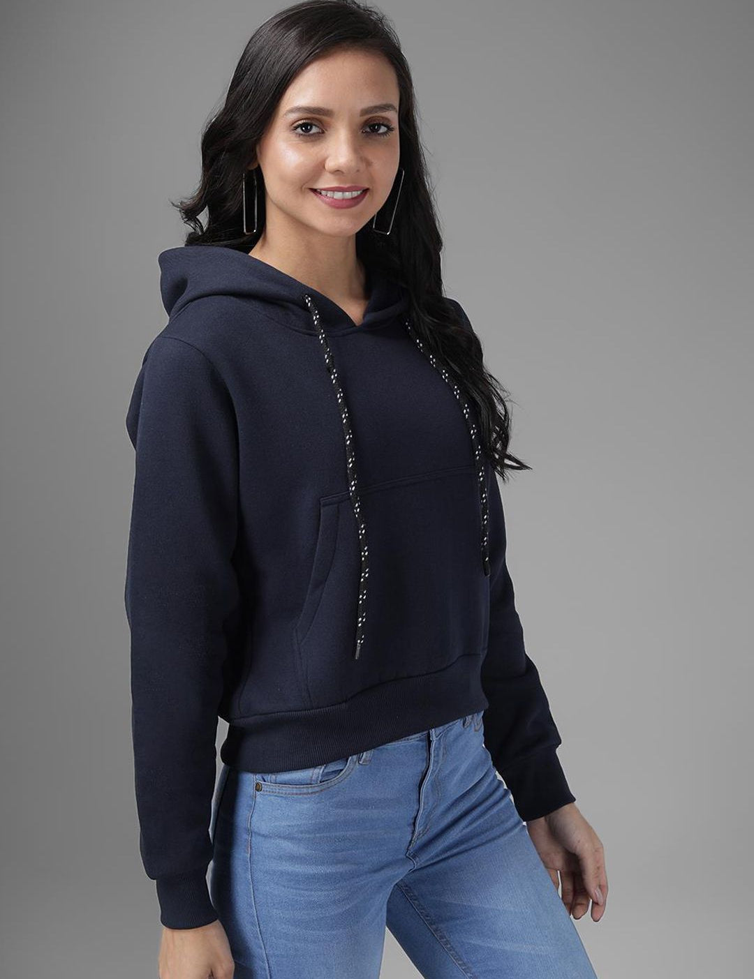 Kotty Women Blue Solid Hooded Sweatshirt