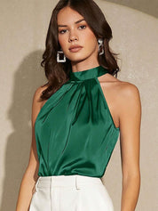 Kotty Green Halter Neck Sleeveless A-Line Satin Top