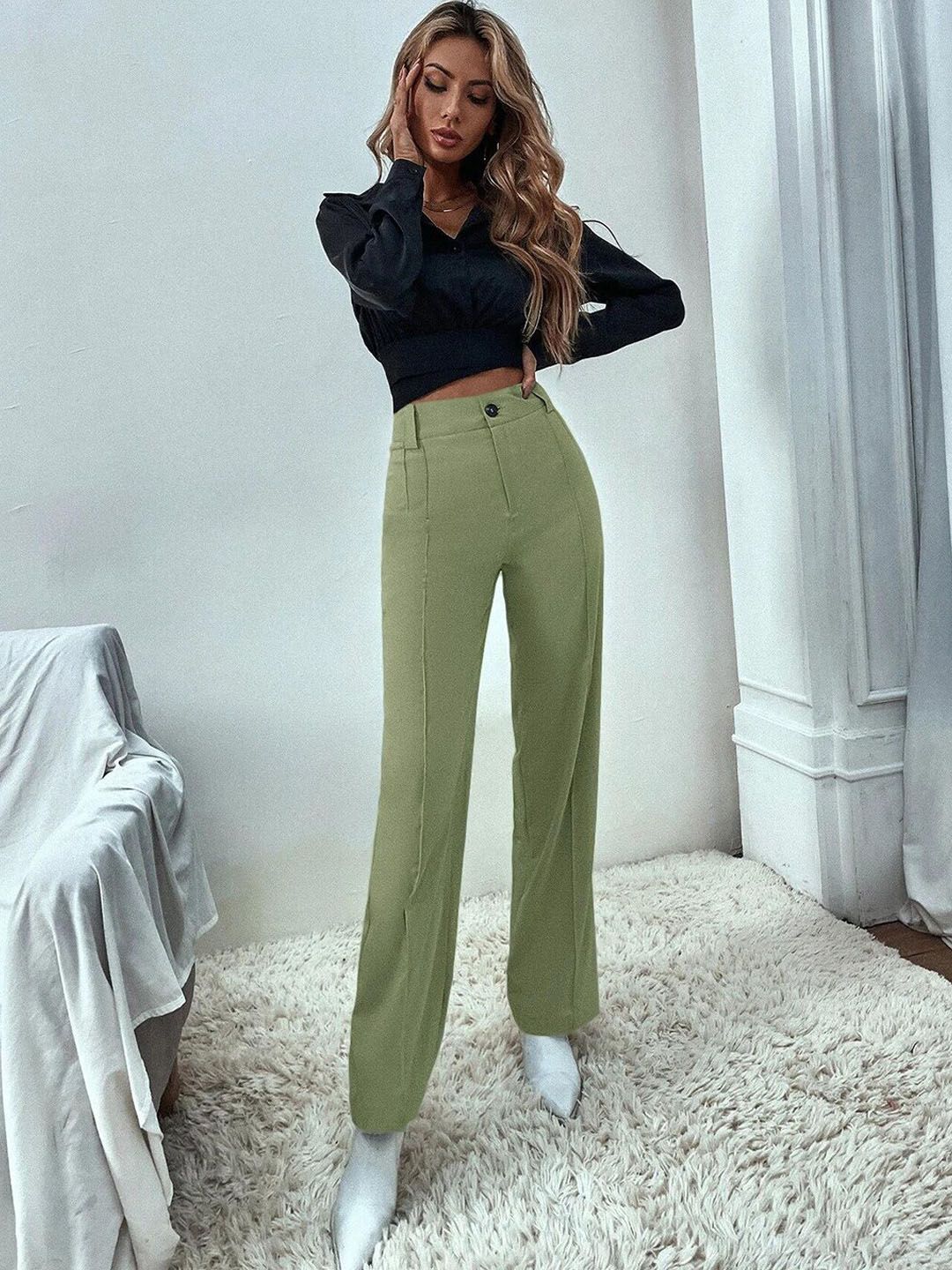 KOTTY BIZwear Women Relaxed Straight Fit High-Rise Easy Wash Trouser