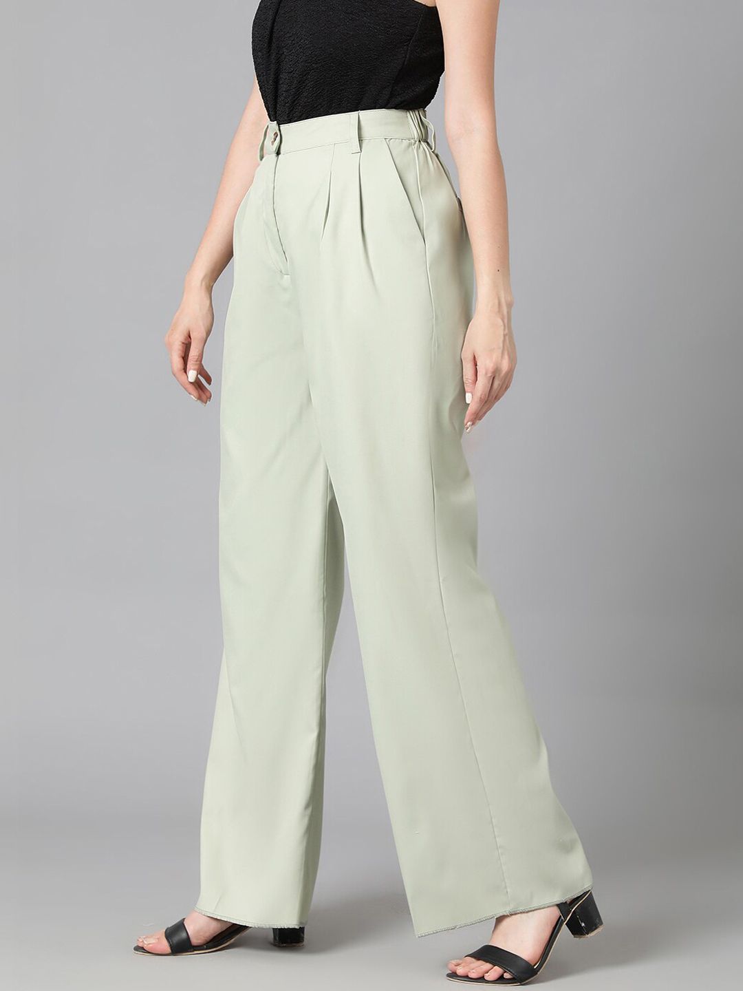 Kotty Women Green Relaxed Straight Leg High-Rise Easy Wash Pleated Trousers