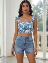 Kotty Top Denim Blue Women's Crop Shoulder-Straps Sleeveless