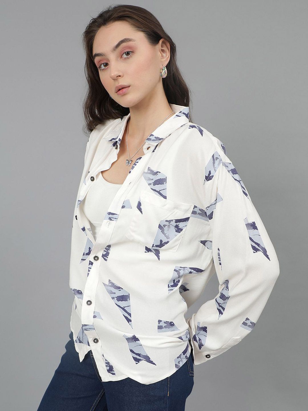 Kotty Women Spread Collar Conversational Printed Cotton Oversized Casual Shirt