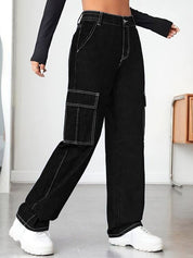 Kotty Women Straight Fit High-Rise Stretchable Cargo Jeans with White Stitching