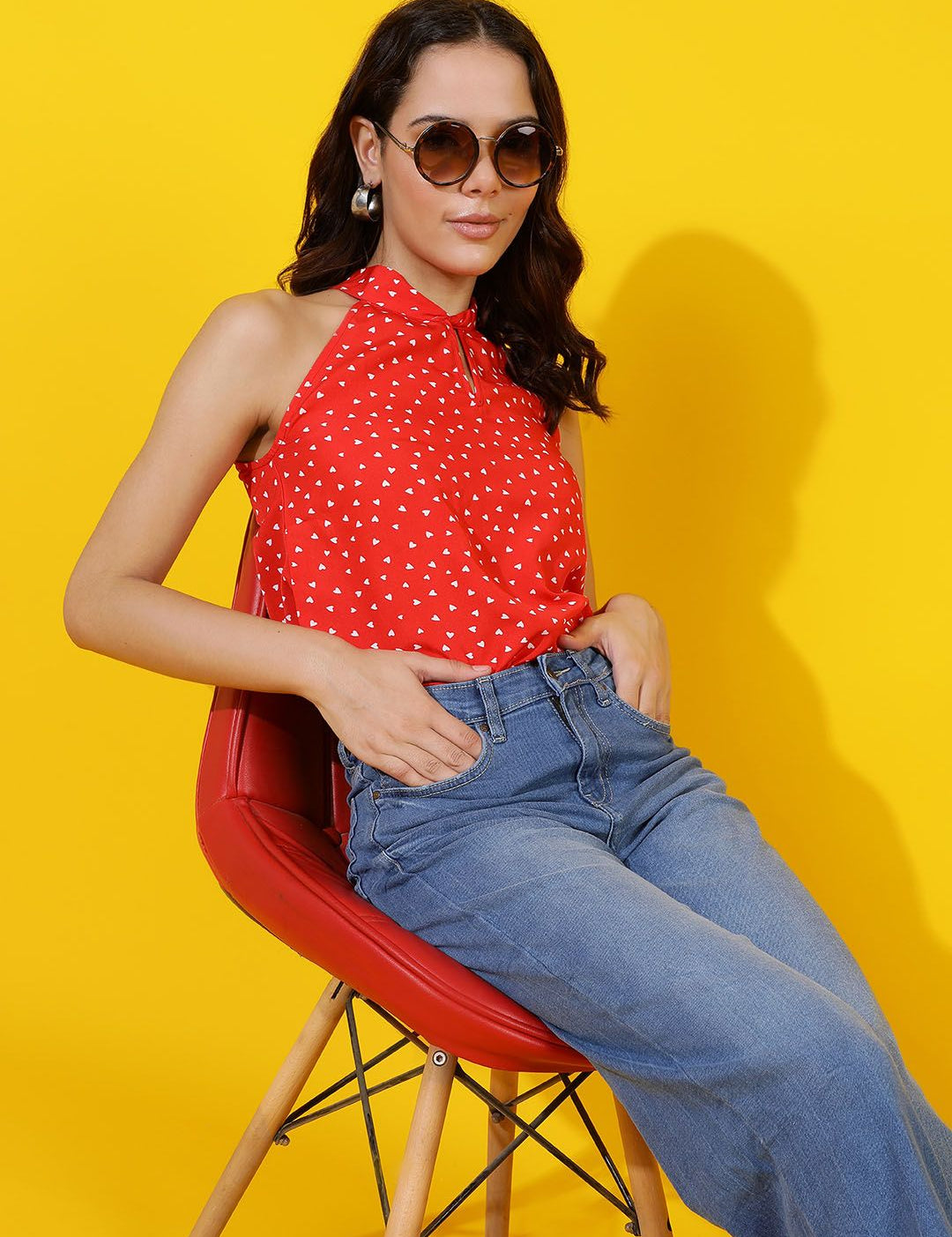 Kotty Polka Dot Print Halter Neck Crepe Top