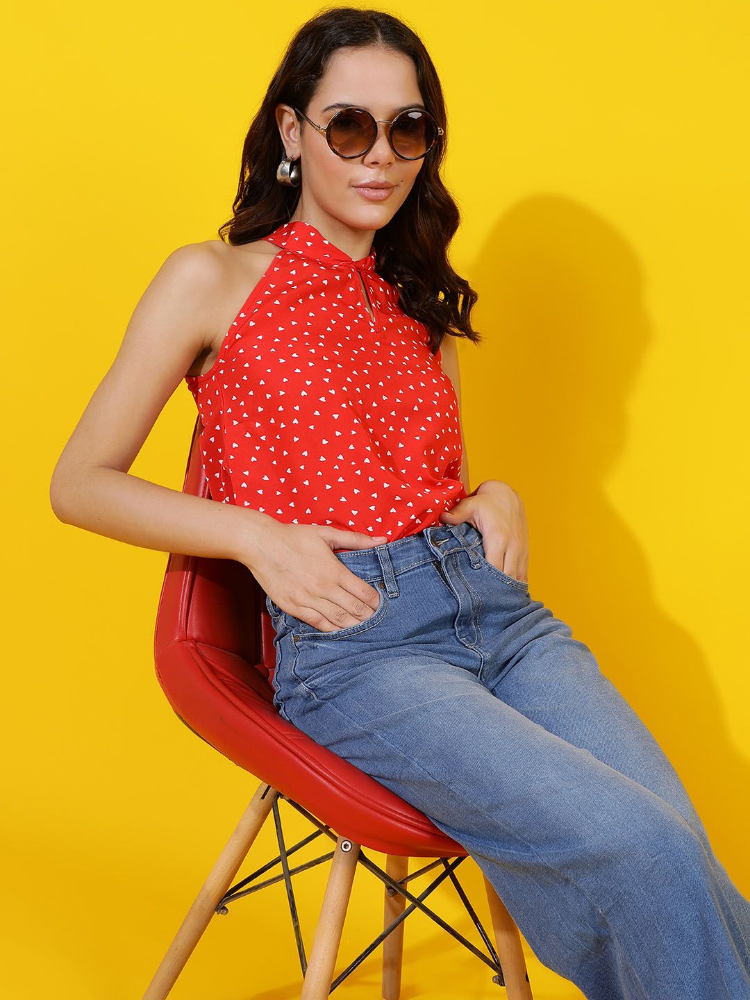 Kotty Polka Dot Print Halter Neck Crepe Top