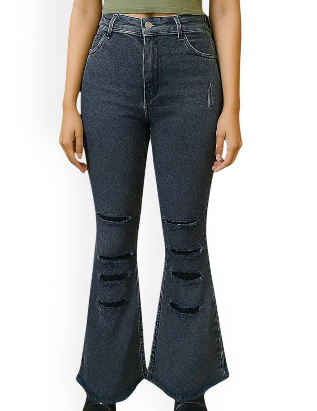 Kotty Women Flared High-Rise Highly Distressed Light Fade Cotton Stretchable Jeans