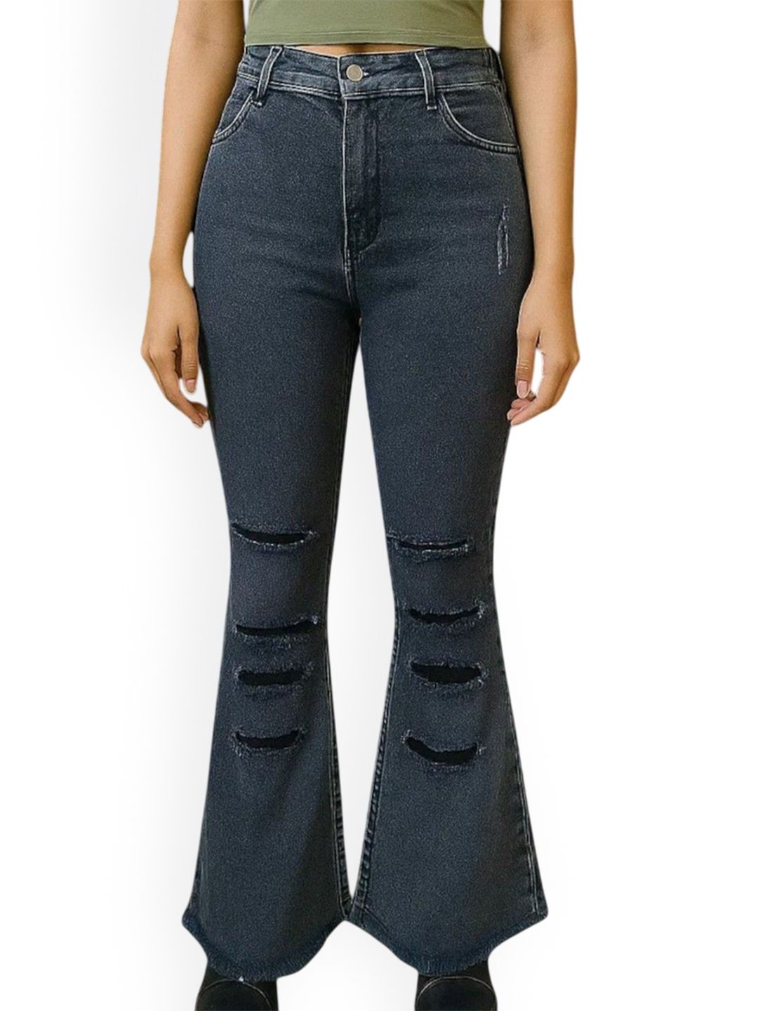 Kotty Women Flared High-Rise Highly Distressed Light Fade Cotton Stretchable Jeans