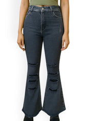 Kotty Women Flared High-Rise Highly Distressed Light Fade Cotton Stretchable Jeans