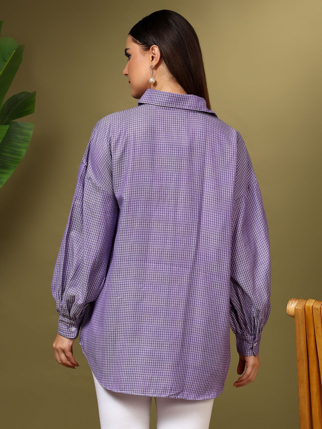 Kotty Women Oversized Fit Spread Collar Micro Checked Cotton Casual Shirt