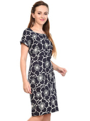 Kotty Floral Printed Boat Neck Extended Sleeves A-Line Dress