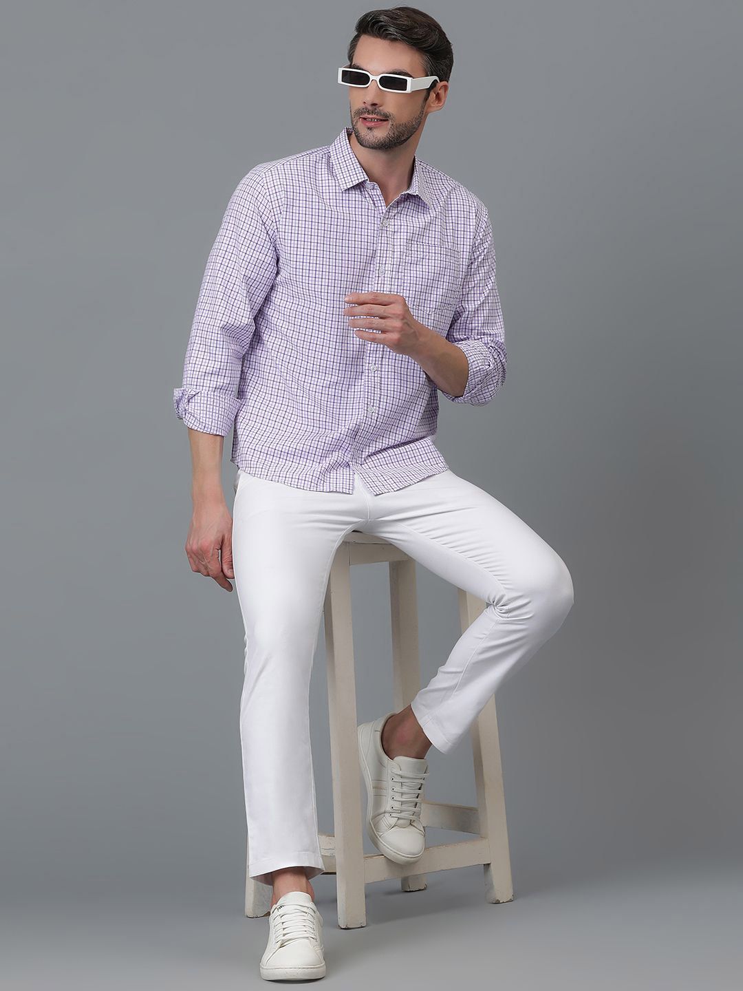 Kotty White & Blue New Gingham Checks Checked Spread Collar Casual Shirt