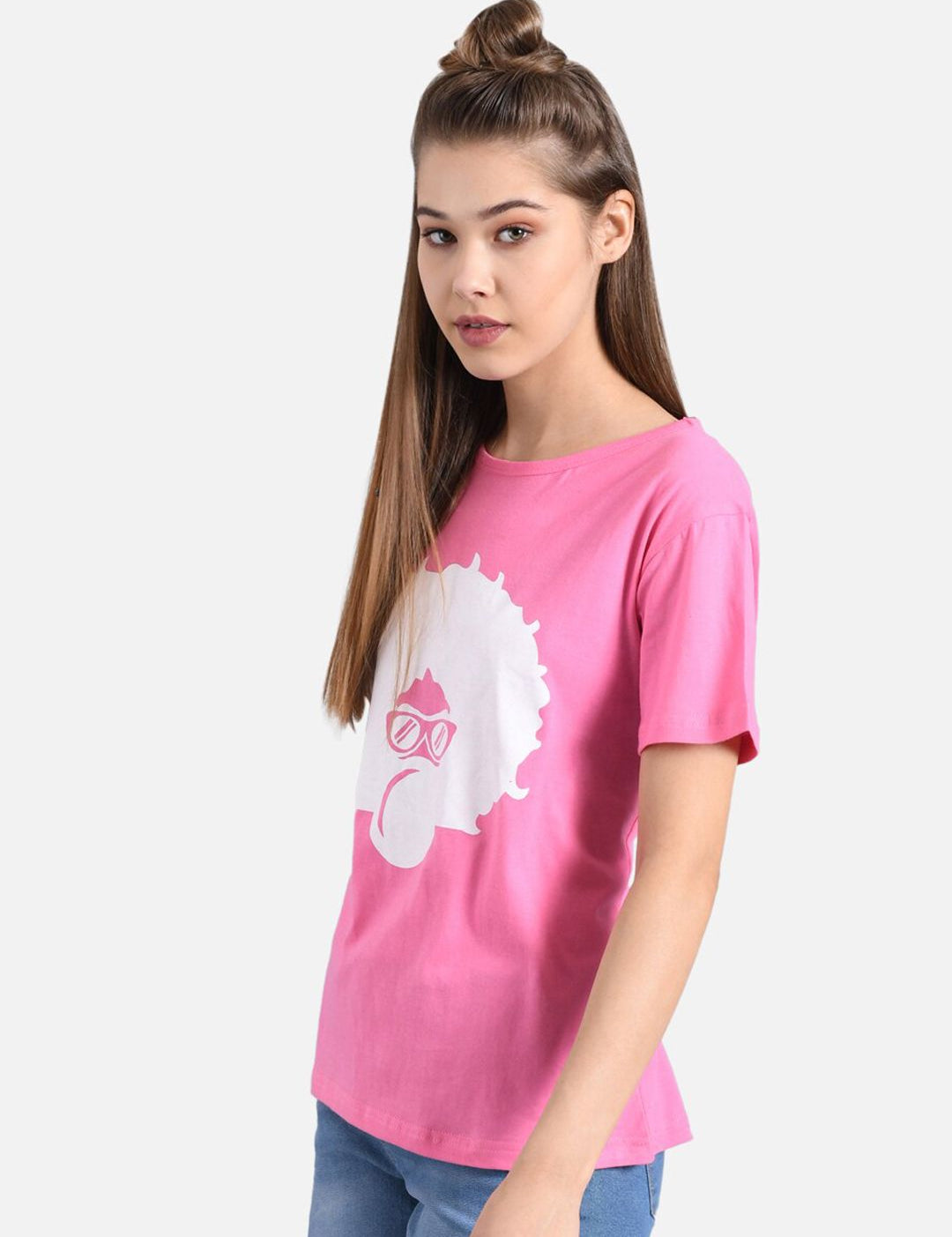Kotty Women Pink & White Printed Round Neck T-shirt