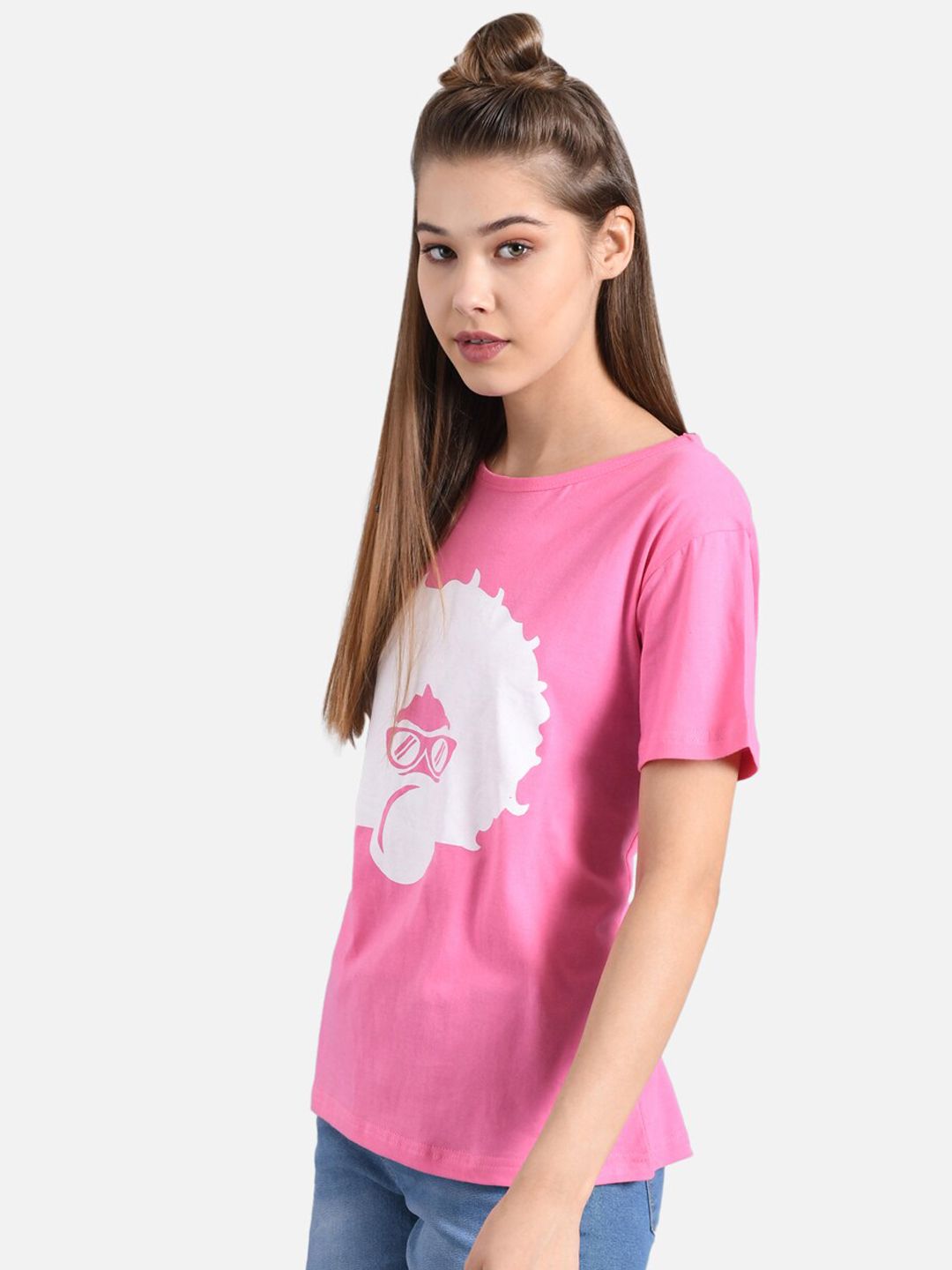 Kotty Women Pink & White Printed Round Neck T-shirt