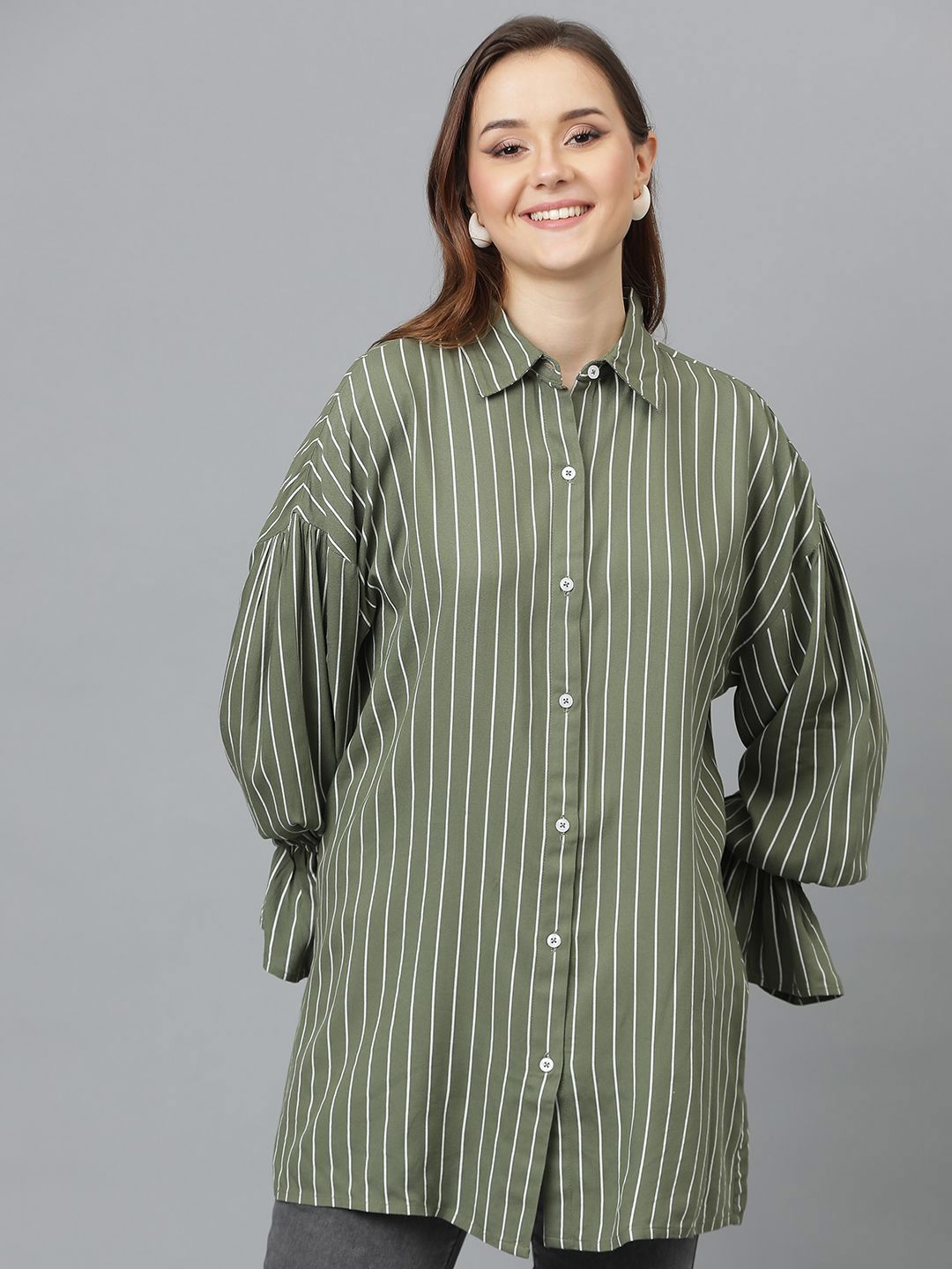 Kotty Women Spread Collar Vertical Striped Cotton Oversized Casual Shirt