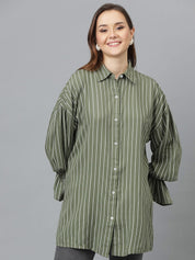Kotty Women Spread Collar Vertical Striped Cotton Oversized Casual Shirt