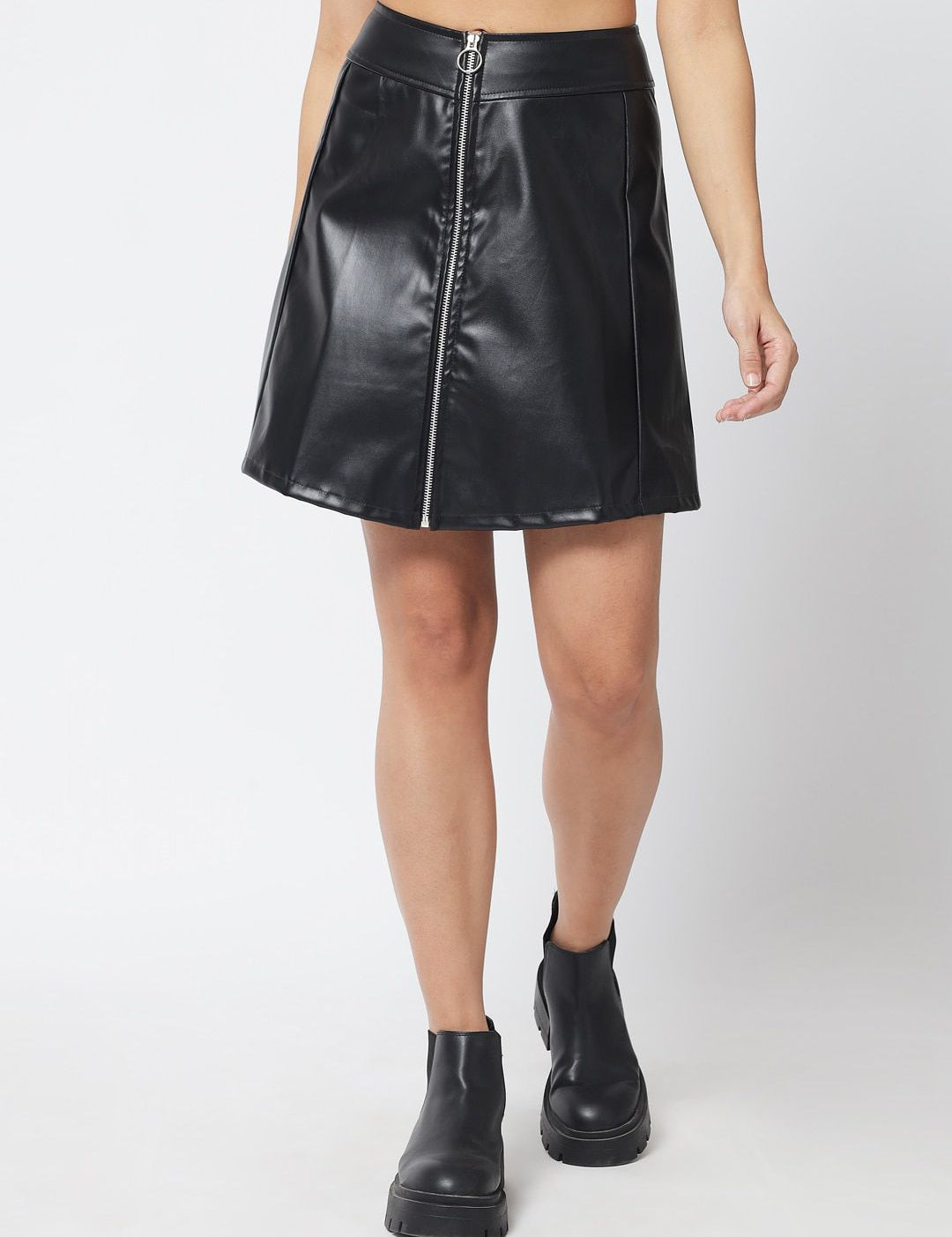 Kotty Women Black Solid A-line Faux Leather Skirt