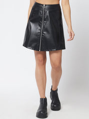 Kotty Women Black Solid A-line Faux Leather Skirt