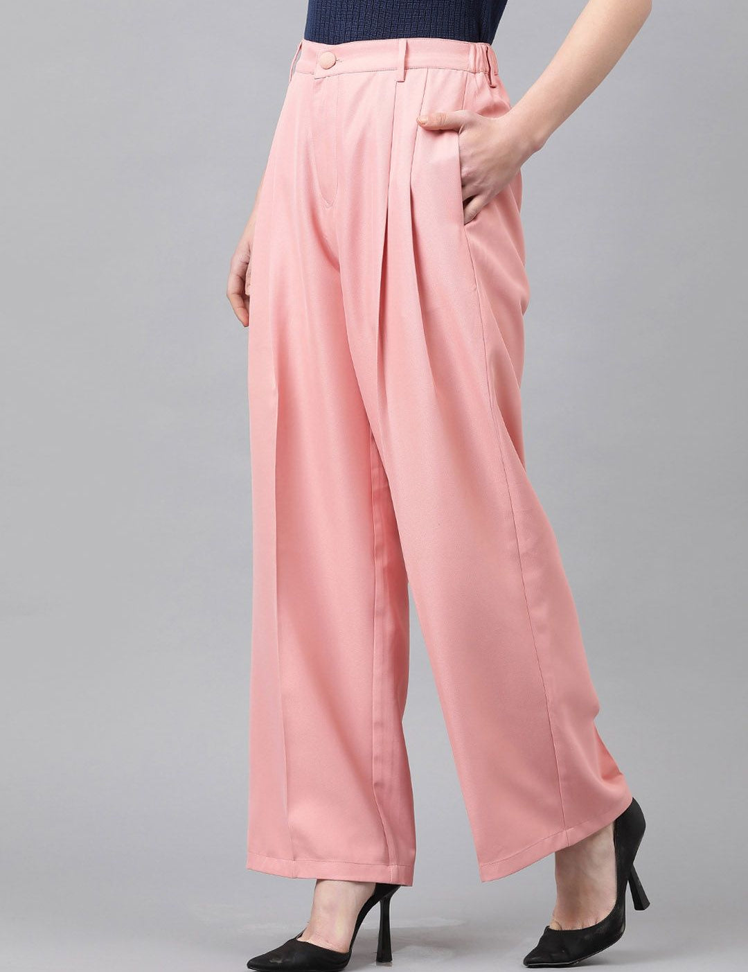 KOTTY BIZwear Basics Women Straight Fit High-Rise Easy Wash Pleated Parallel Trousers