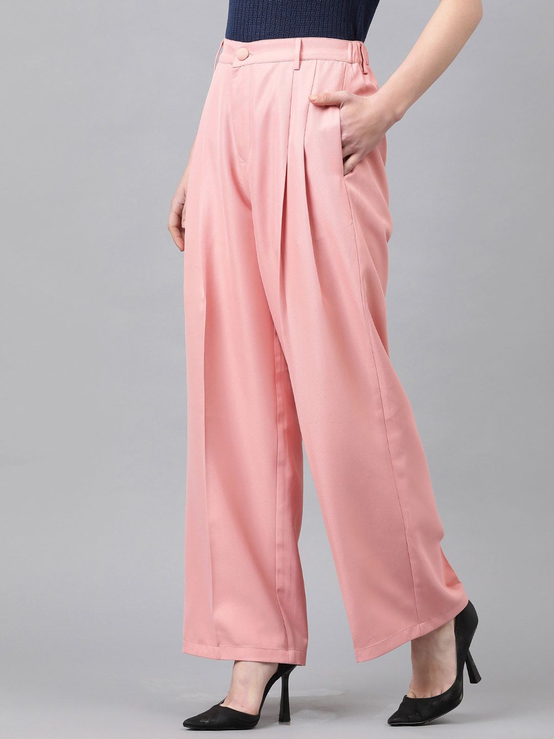 KOTTY BIZwear Basics Women Straight Fit High-Rise Easy Wash Pleated Parallel Trousers