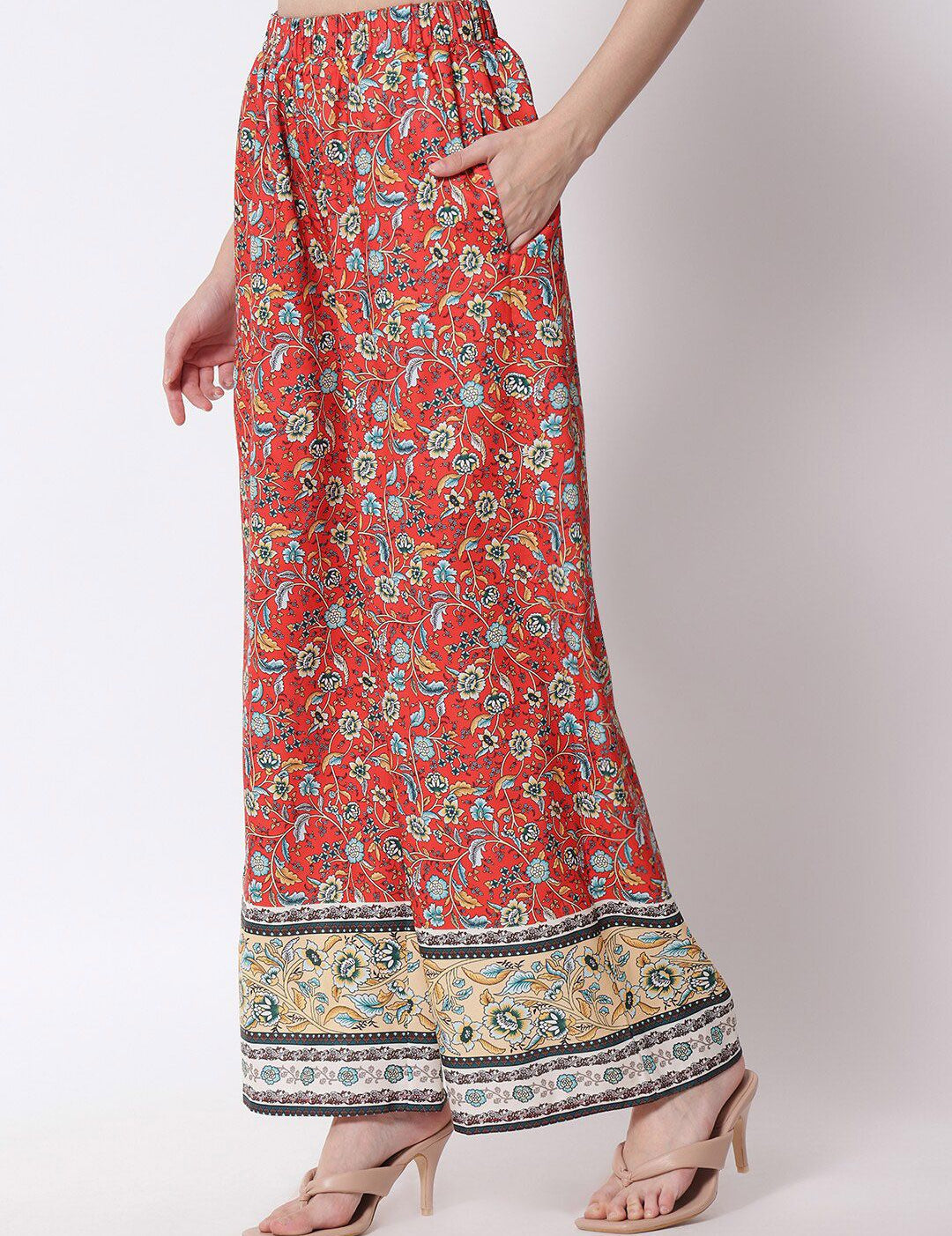 Kotty Women Red Ethnic Motifs Printed Relaxed Flared High-Rise Easy Wash Trousers