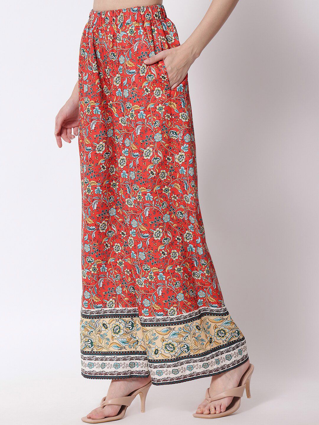Kotty Women Red Ethnic Motifs Printed Relaxed Flared High-Rise Easy Wash Trousers